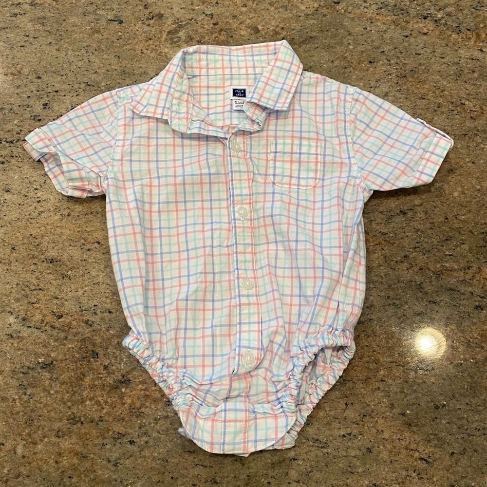 JANIE AND JACK - Short Sleeve Button Down Pastel Plaid Onesie Style - 6-12M